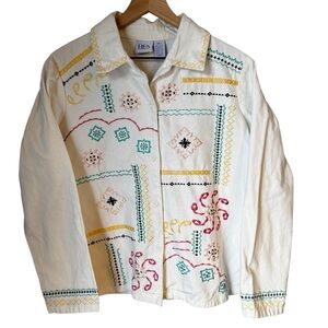 BFA Classics White Cottagecore Embroidered Denim Lightwt Button Up Jacket SZ L